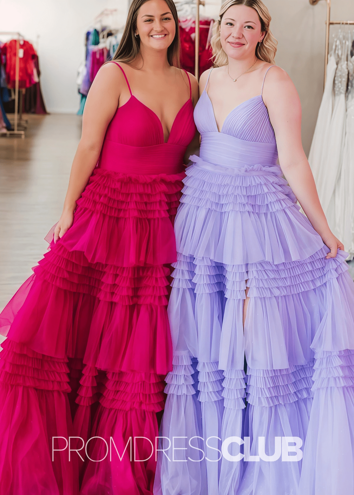 Ingrid | Tiered Pleats Ruffles Spaghetti Straps Red Tulle Prom Dress - Price #price_variant_lowest# - Hot Pink - PromDressClub