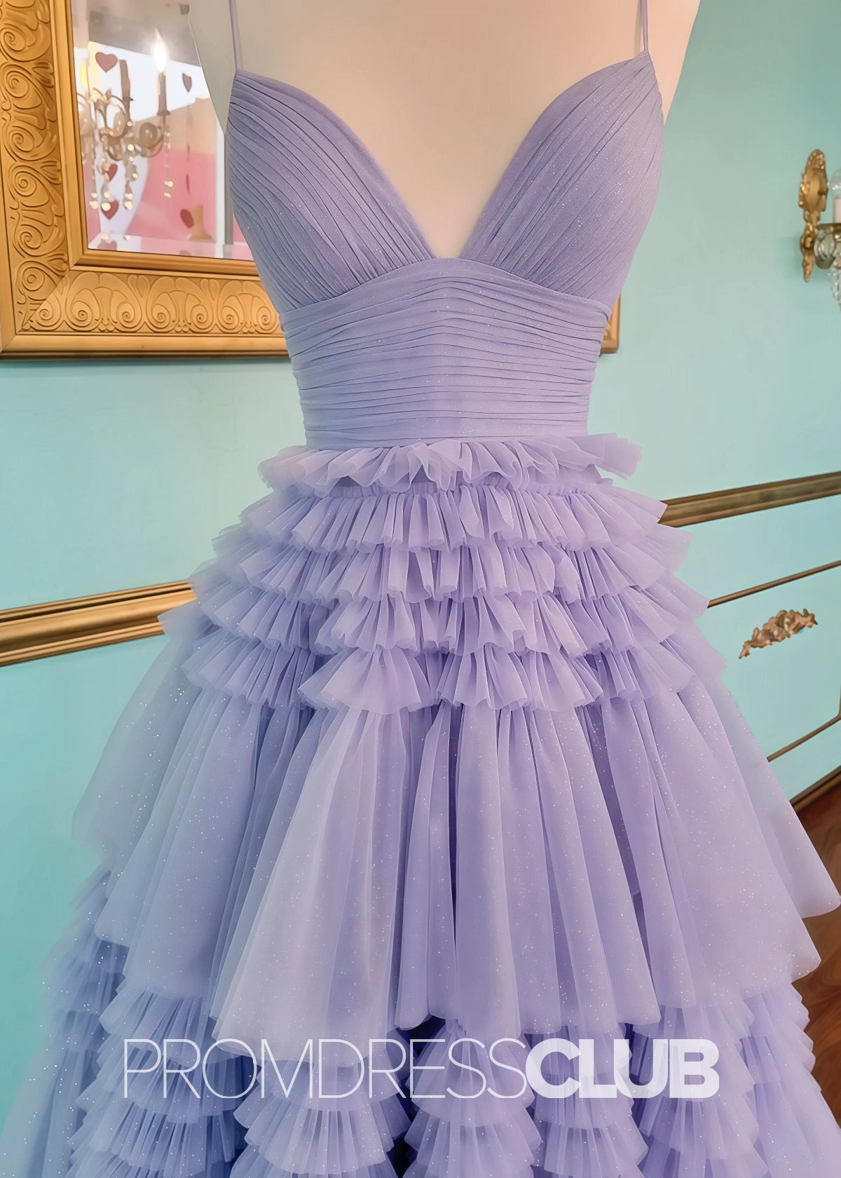 Ingrid | Tiered Pleats Ruffles Spaghetti Straps Red Tulle Prom Dress - Lavender - PromDressClub