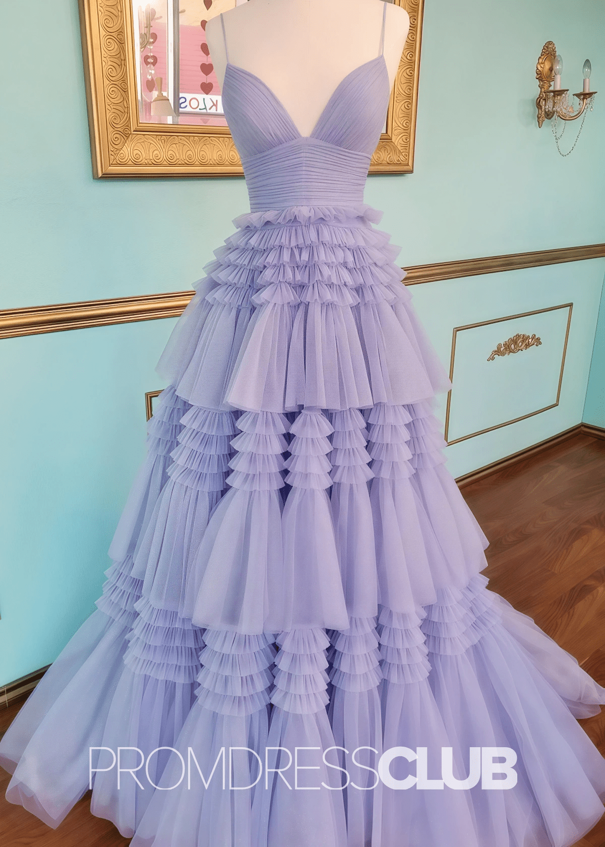 Ingrid | Tiered Pleats Ruffles Spaghetti Straps Red Tulle Prom Dress - Lavender - PromDressClub