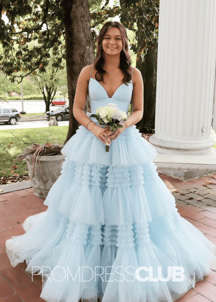 Ingrid | Tiered Pleats Ruffles Spaghetti Straps Red Tulle Prom Dress - Price #price_variant_lowest# - Light Blue - PromDressClub
