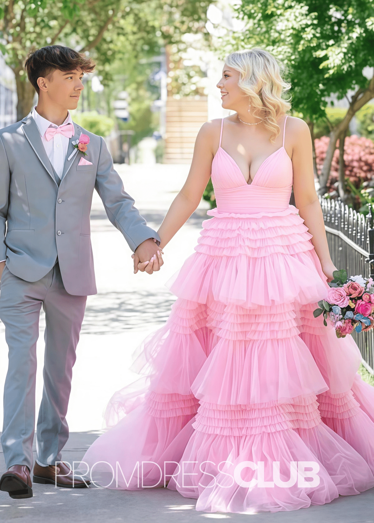 Ingrid | Tiered Pleats Ruffles Spaghetti Straps Red Tulle Prom Dress - Pink - PromDressClub