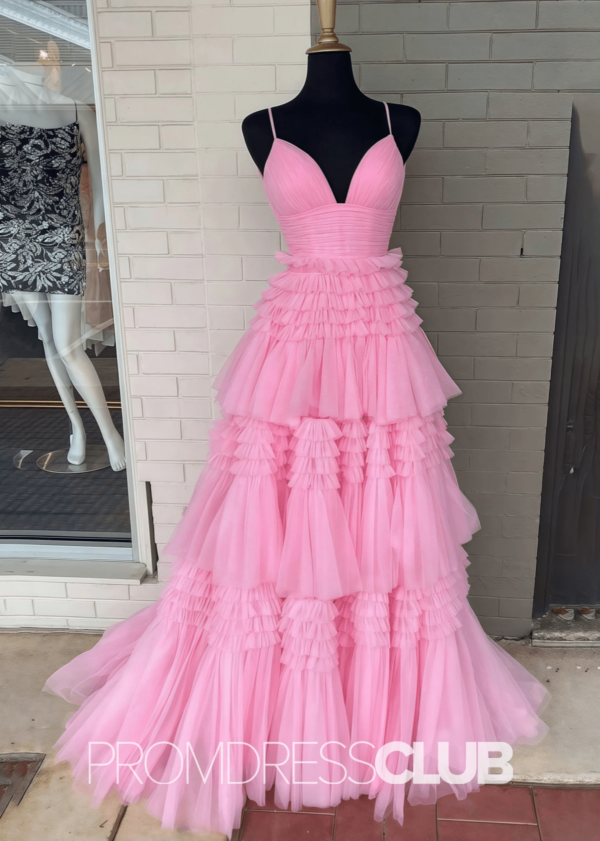 Ingrid | Tiered Pleats Ruffles Spaghetti Straps Red Tulle Prom Dress - Pink - PromDressClub