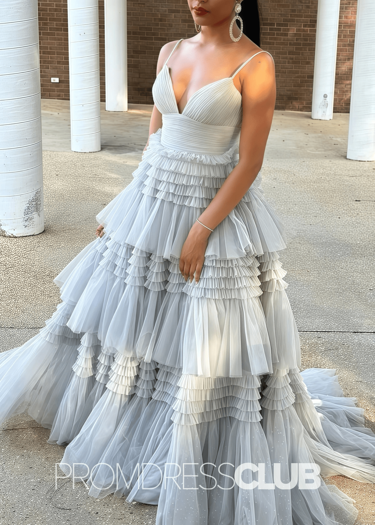 Ingrid | Tiered Pleats Ruffles Spaghetti Straps Red Tulle Prom Dress - Silver - PromDressClub