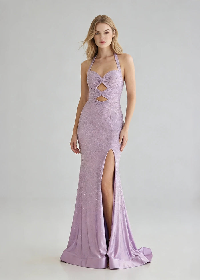 Ione Lilac Beaded Halter Prom Dress | Mermaid Sweetheart Neckline Cutout Cocktail Dress with Slit - Lilac - PromDressClub