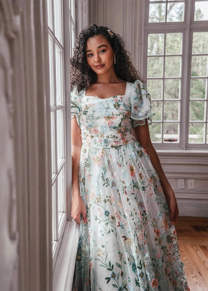 Irene | Stunning Elegant White Square Neck Floral Prom Dress with Sleeves - White Floral - PromDressClub