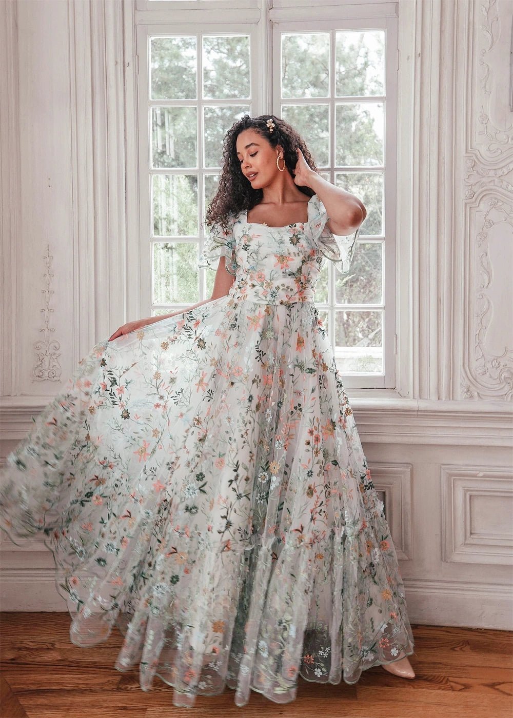 Irene | Stunning Elegant White Square Neck Floral Prom Dress with Sleeves - White Floral - PromDressClub