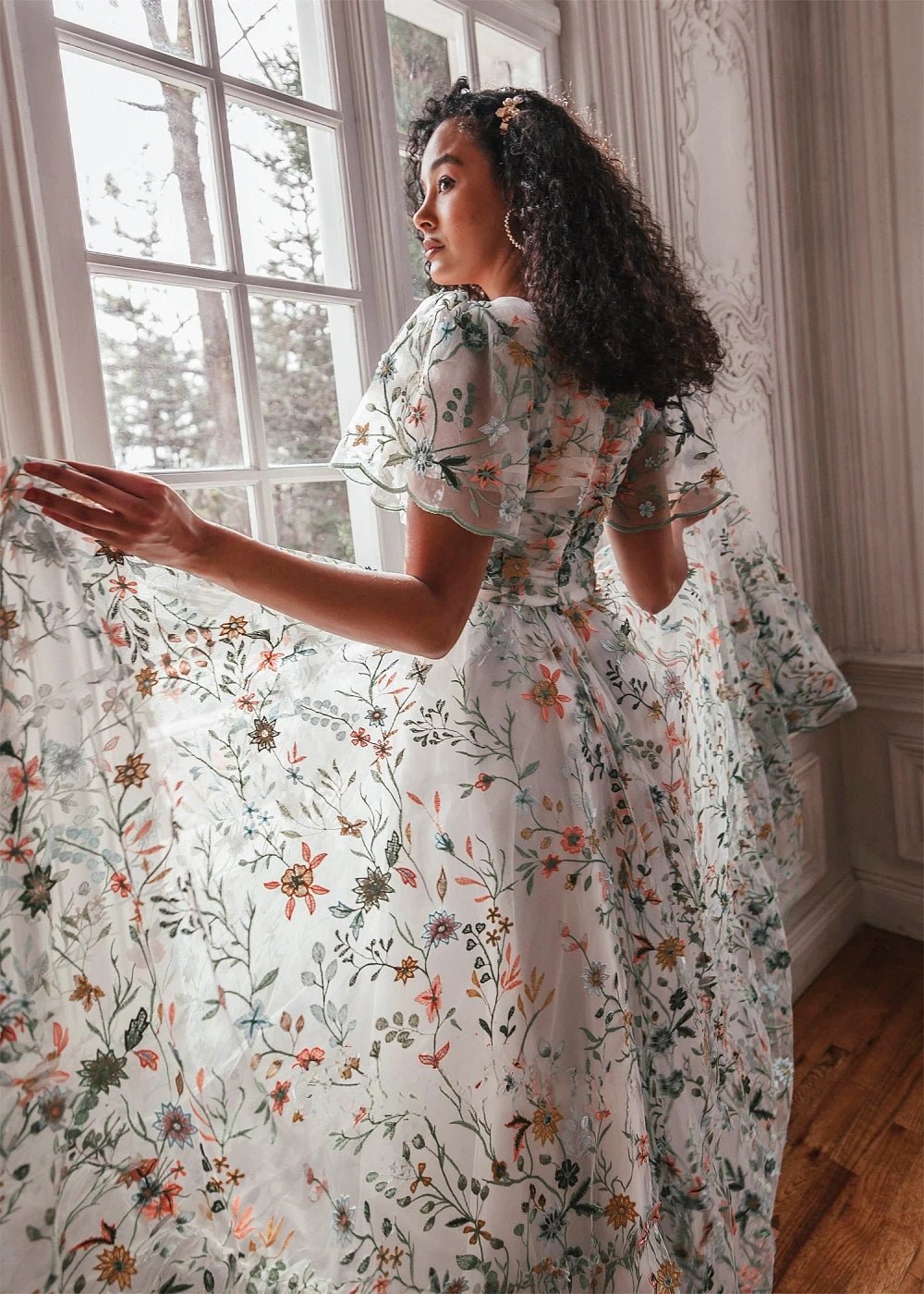 Irene | Stunning Elegant White Square Neck Floral Prom Dress with Sleeves - White Floral - PromDressClub