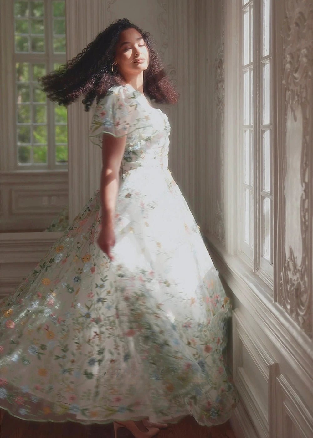 Irene | Stunning Elegant White Square Neck Floral Prom Dress with Sleeves - White Floral - PromDressClub