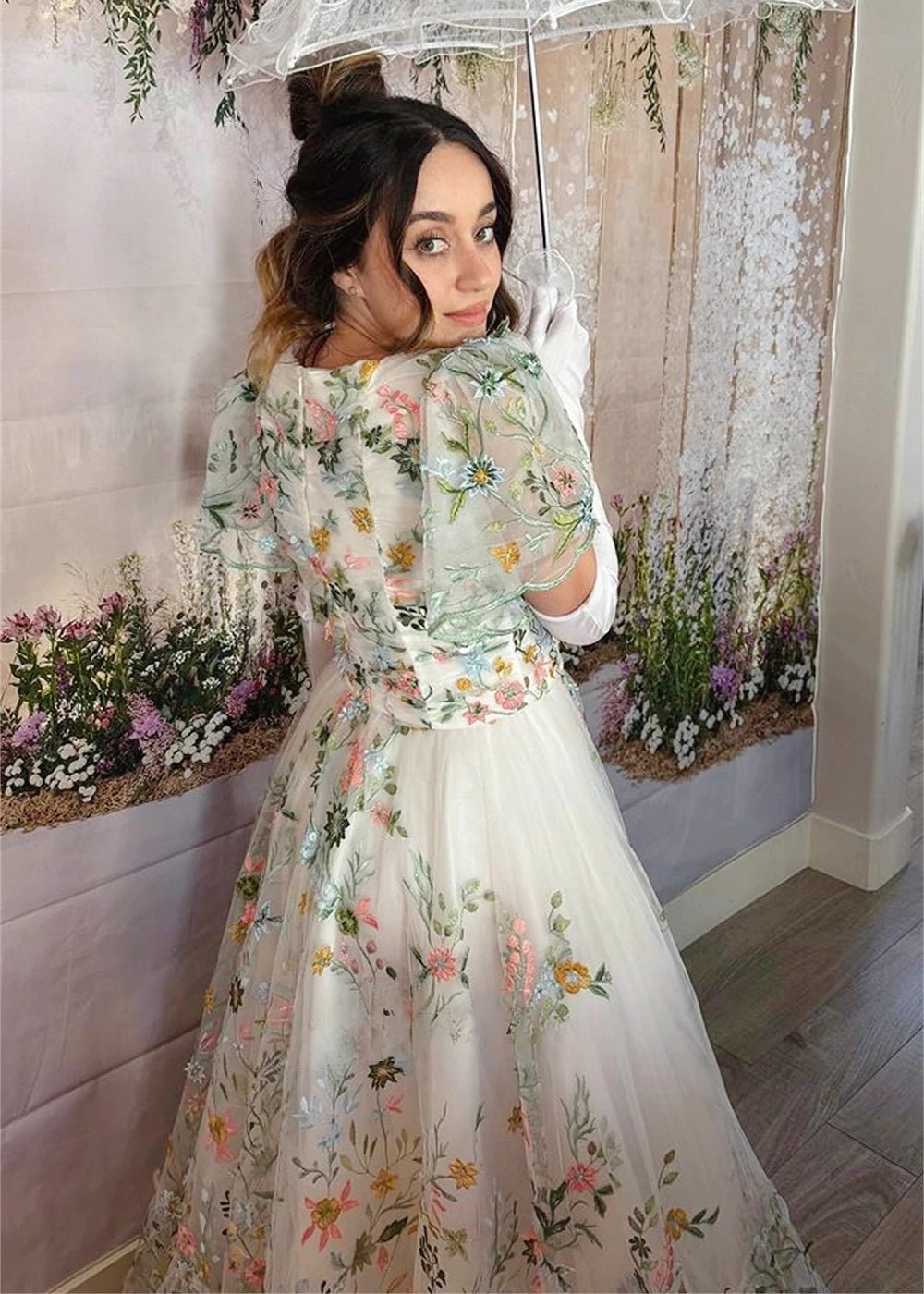 Irene | Stunning Elegant White Square Neck Floral Prom Dress with Sleeves - White Floral - PromDressClub