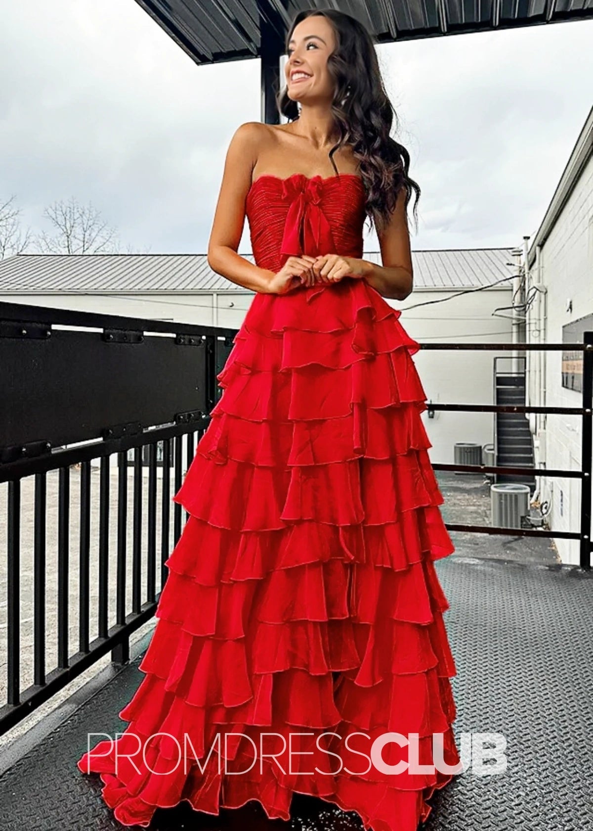 Iris | Tiered Ruffles Sweetheart Hot Pink Chiffon Prom Dress - Price #price_variant_lowest# - Red - PromDressClub