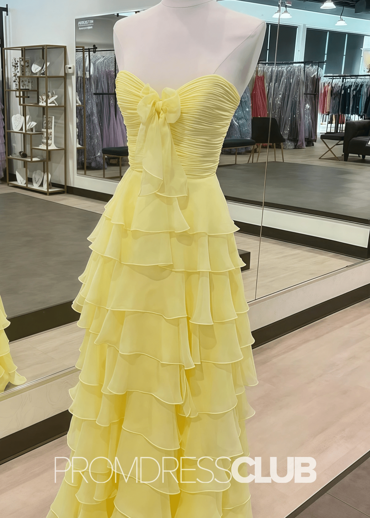 Iris | Tiered Ruffles Sweetheart Hot Pink Chiffon Prom Dress - Yellow - PromDressClub