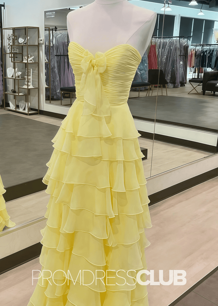 Iris | Tiered Ruffles Sweetheart Hot Pink Chiffon Prom Dress - Yellow - PromDressClub