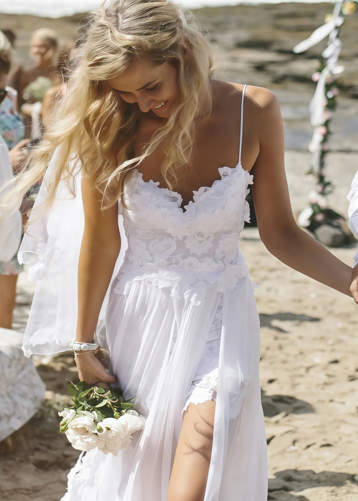 Irma | Elegant Spaghetti Straps Lace and Chiffon Beach Wedding Dress - White - PromDressClub