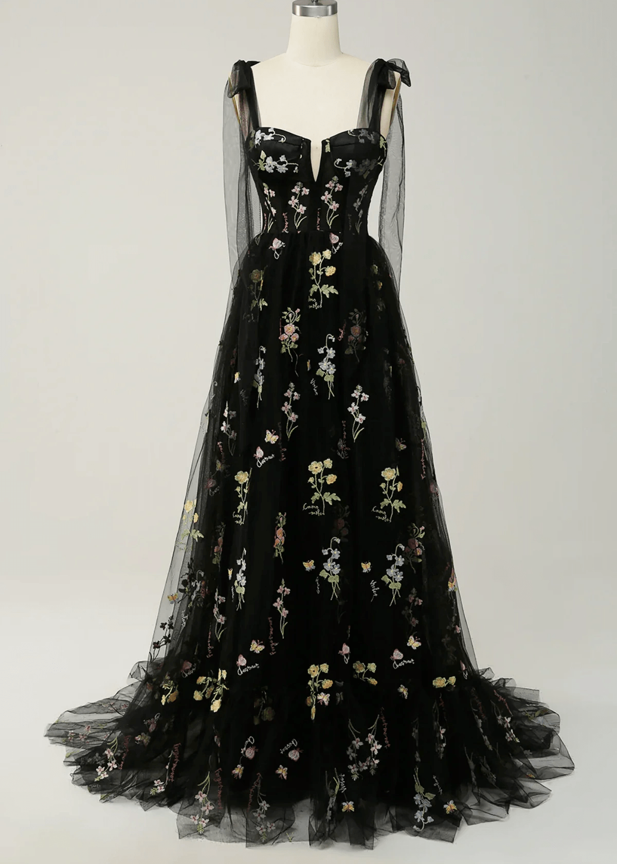 Isabel | Embroidery Corset Black Floral Long Prom Dress - Price #price_variant_lowest# - Black Floral - PromDressClub