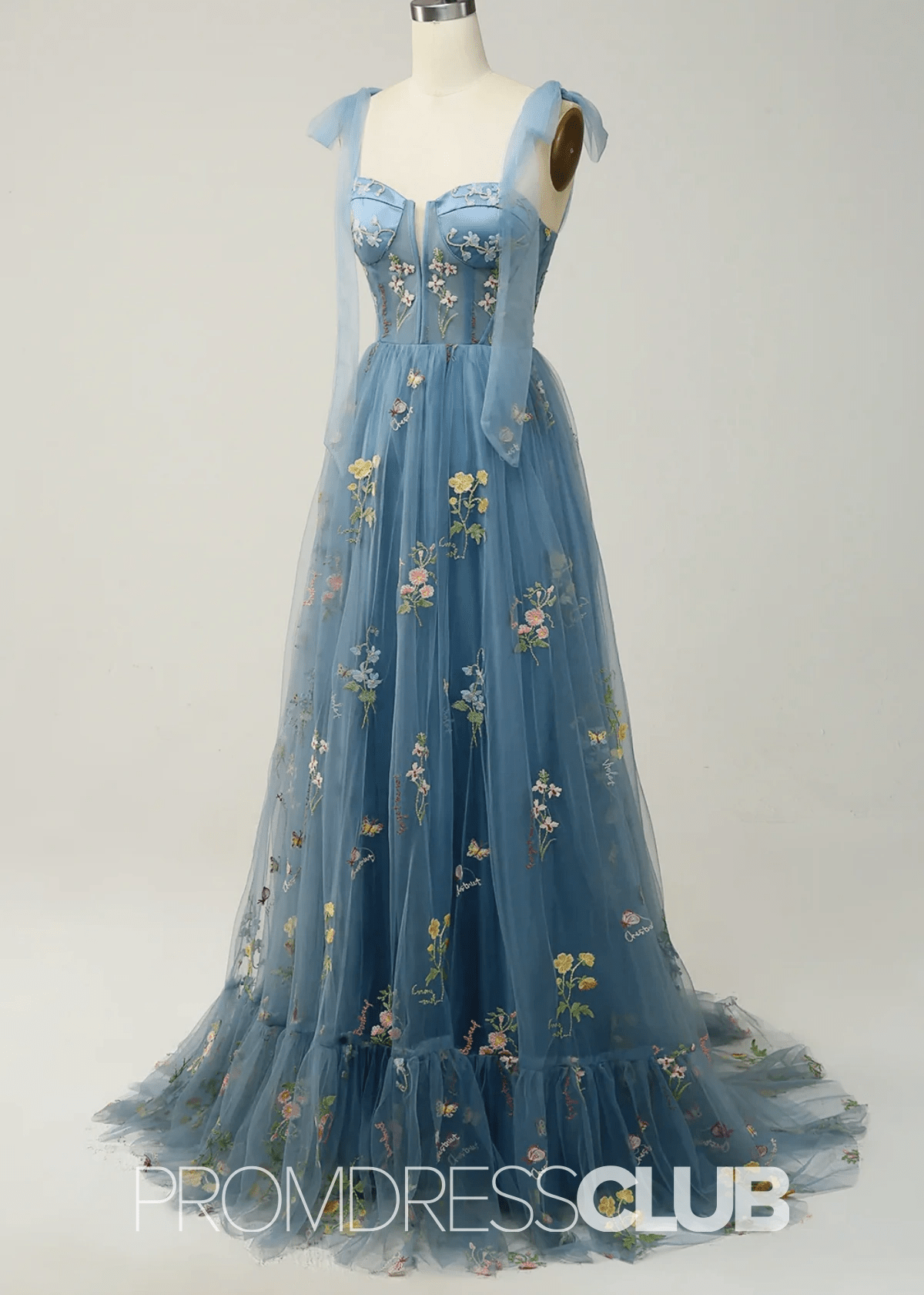 Isabel | Embroidery Corset Black Floral Long Prom Dress - Price #price_variant_lowest# - Blue Floral - PromDressClub