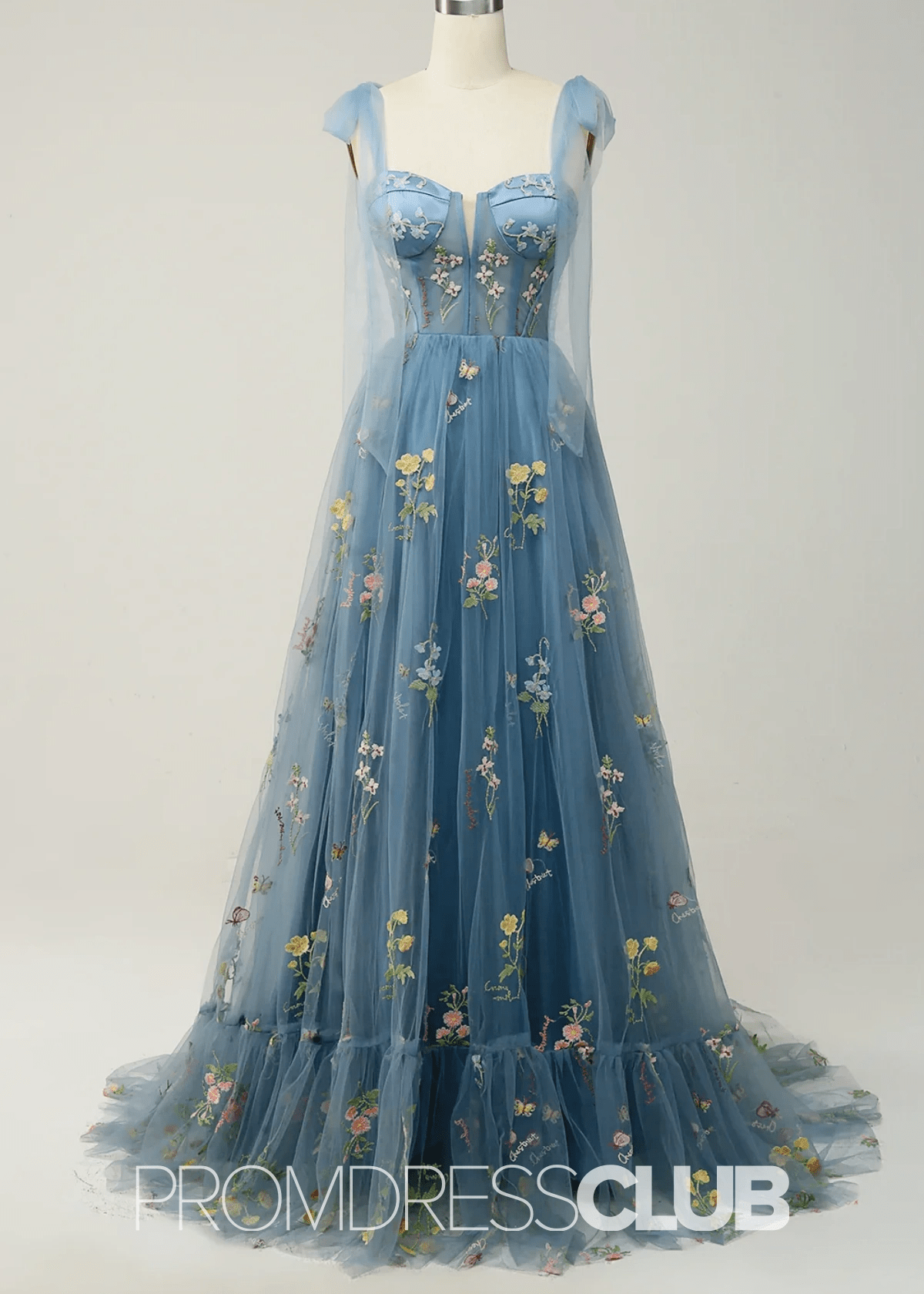 Isabel | Embroidery Corset Black Floral Long Prom Dress - Price #price_variant_lowest# - Blue Floral - PromDressClub