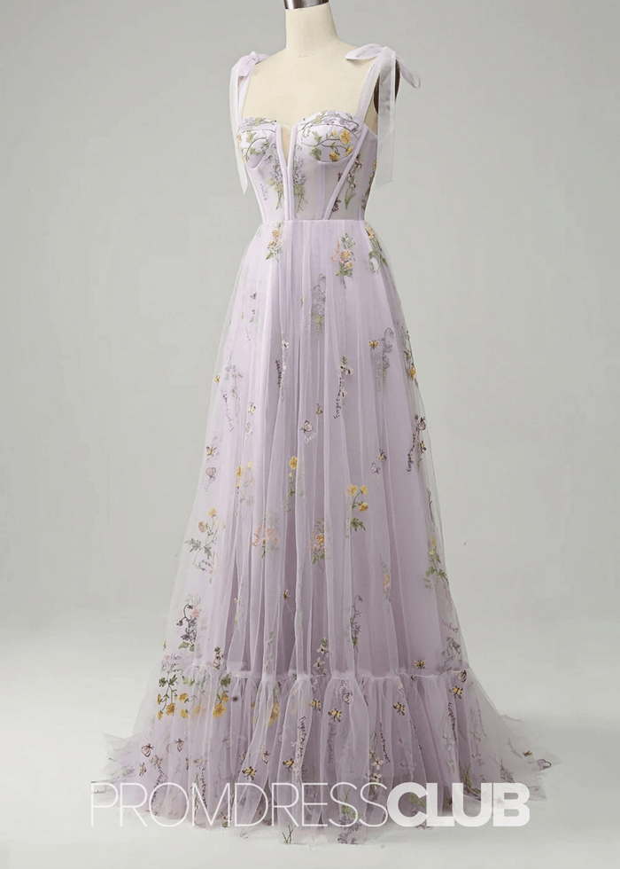 Isabel | Embroidery Corset Black Floral Long Prom Dress - Price #price_variant_lowest# - Lavender Floral - PromDressClub