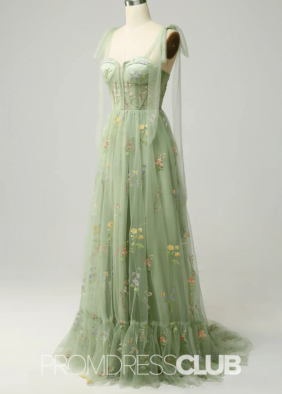 Isabel | Embroidery Corset Black Floral Long Prom Dress - Price #price_variant_lowest# - Sage Floral - PromDressClub