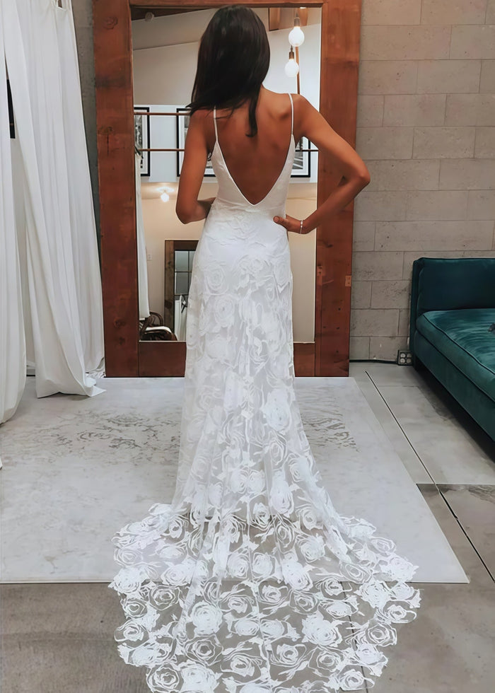 Isabel | Exquisite Mermaid Backless White Lace Wedding Dress with Sweep Train - White - PromDressClub