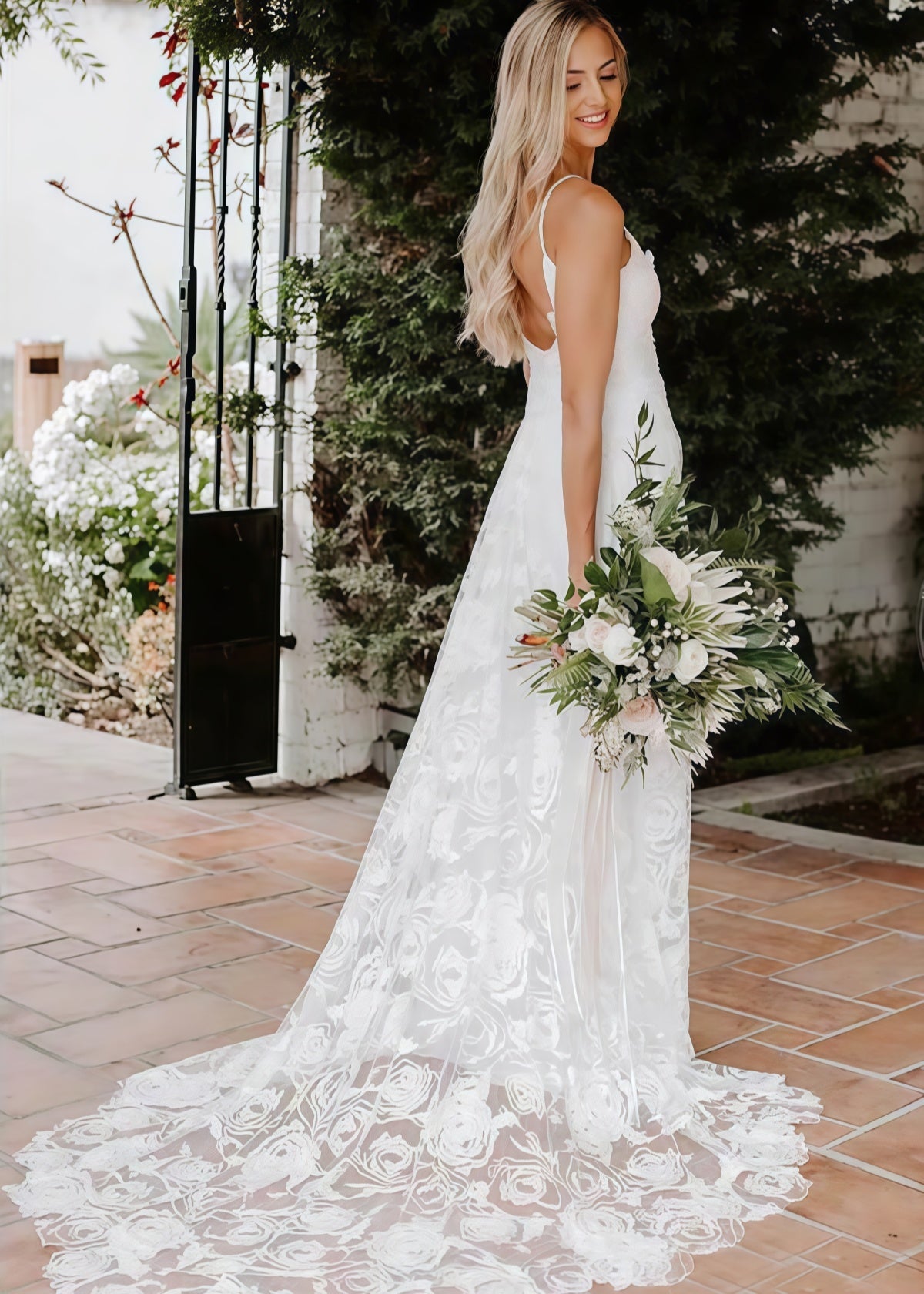 Isabel | Exquisite Mermaid Backless White Lace Wedding Dress with Sweep Train - White - PromDressClub