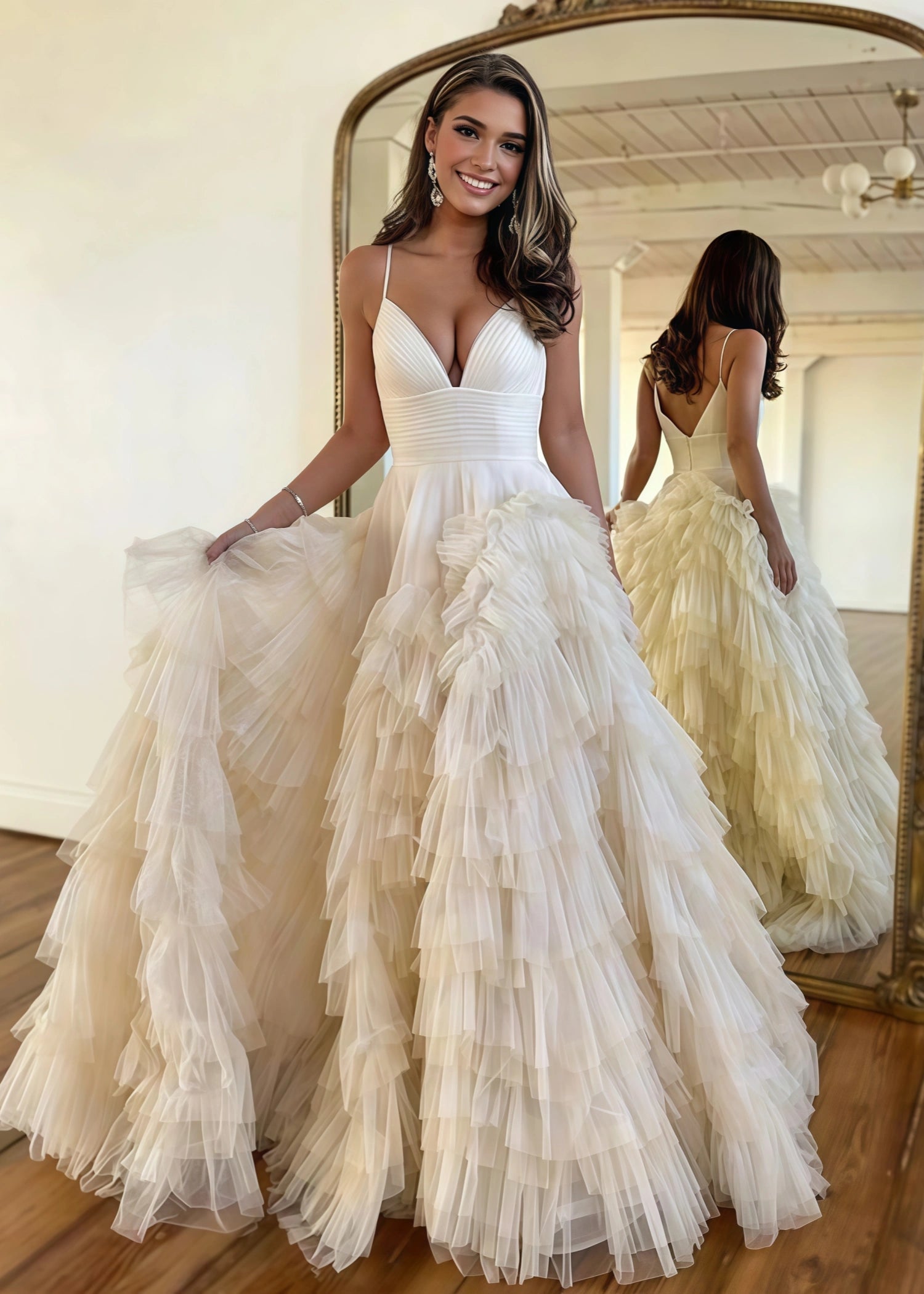 Isabel | A Line Hot Pink Ruffle Spaghetti Strap Corset Tulle Formal Dress with Slit - Champagne - PromDressClub