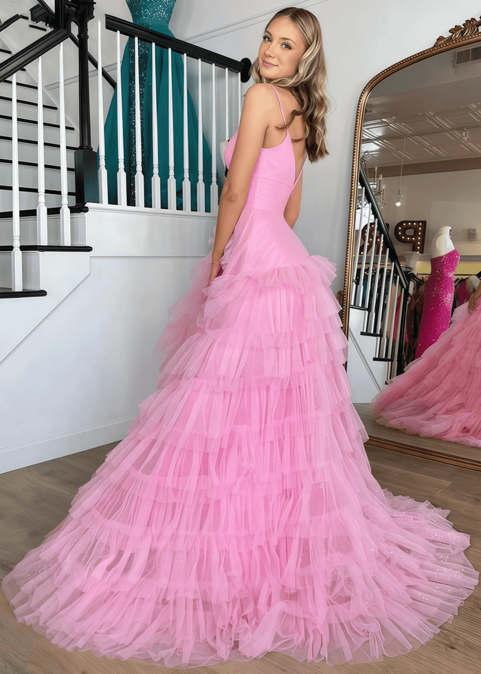 Isabel | A Line Hot Pink Ruffle Spaghetti Strap Corset Tulle Formal Dress with Slit - Hot Pink - PromDressClub