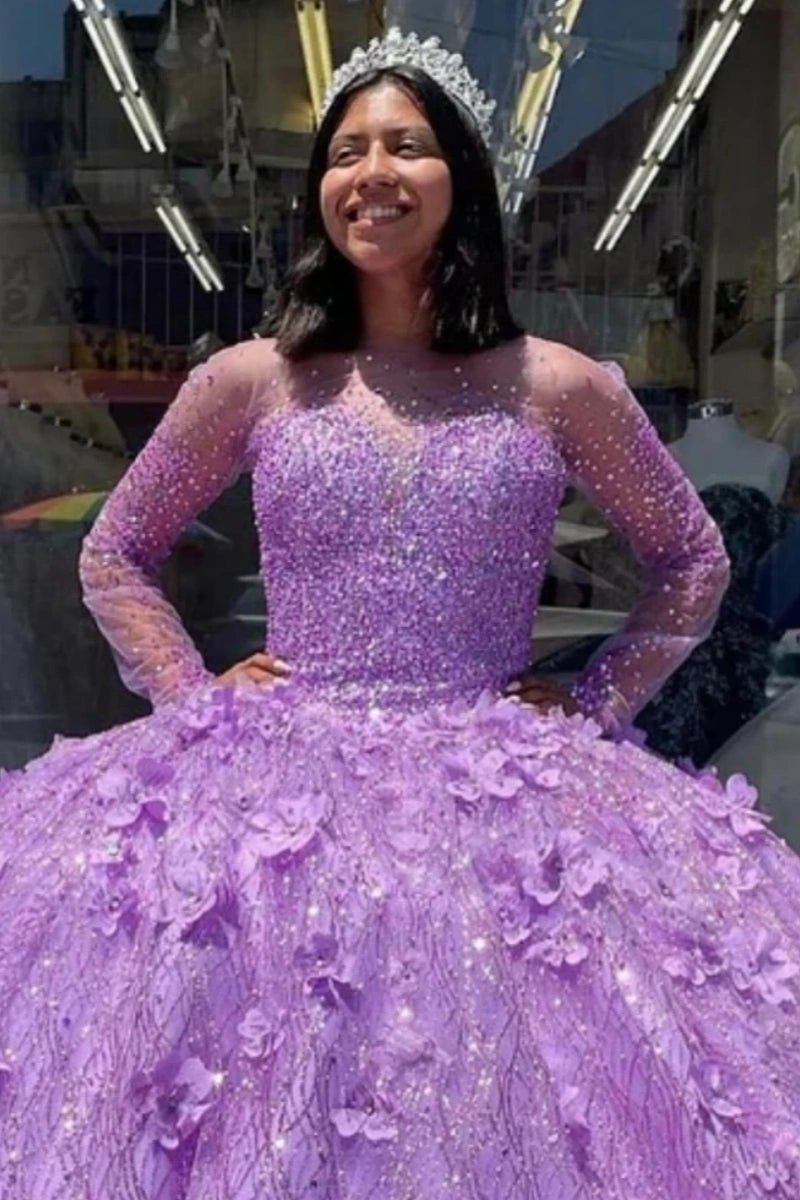 Isabella | Luxurious Purple Quince Dresses with Sparkling Long Sleeves and Glitter Details - Light Purple - PromDressClub