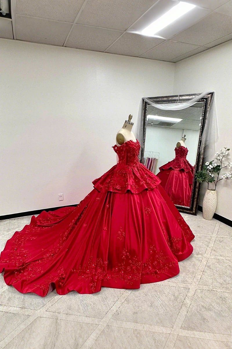 Isabelle | Stunning Long Sleeve Red Quince Dresses with Luxurious Satin Details - Red - PromDressClub