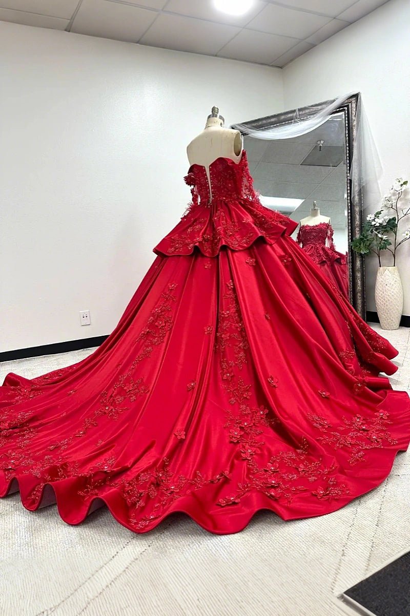 Isabelle | Stunning Long Sleeve Red Quince Dresses with Luxurious Satin Details - Red - PromDressClub