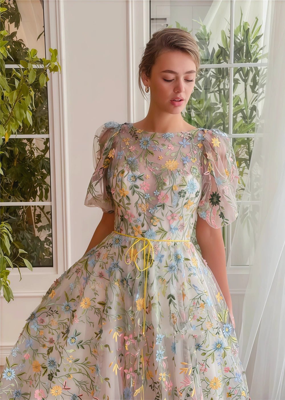 Ivy | Enchanting White Floral High Neck Short Sleeve Prom Dress - White Floral - PromDressClub