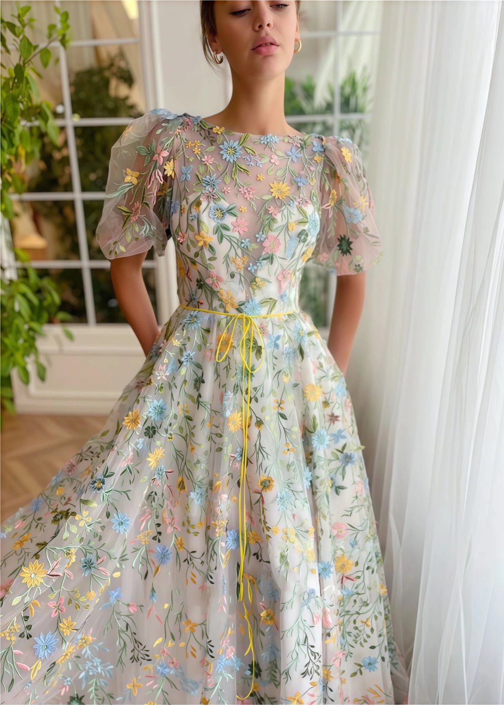 Ivy | Enchanting White Floral High Neck Short Sleeve Prom Dress - White Floral - PromDressClub