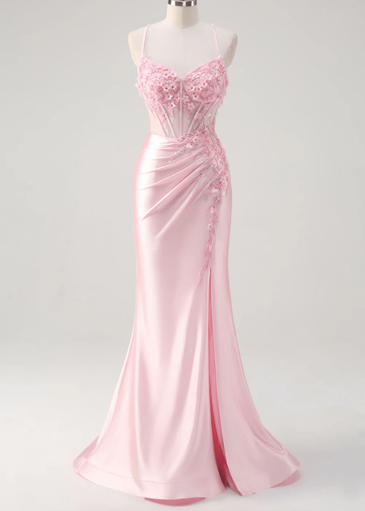 Ivy | Mermaid Corset Lace Light Pink Floral Maxi Formal Dress - Price #price_variant_lowest# - Pink Floral - PromDressClub