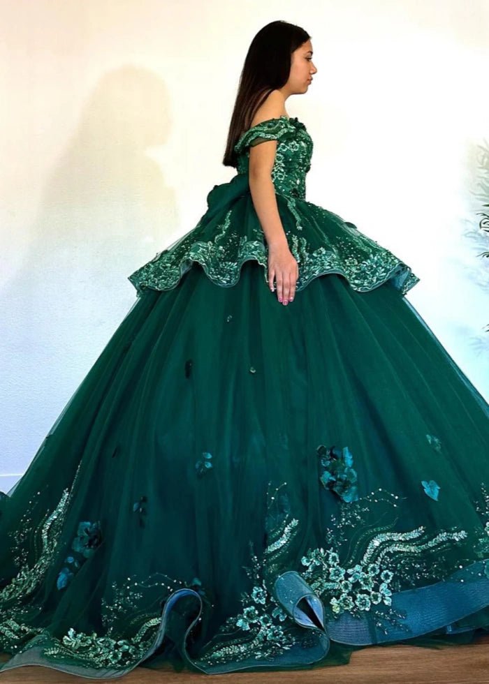 Ivy | Radiant Off Shoulder Green Quince Dresses for Elegant Celebrations - Green - PromDressClub
