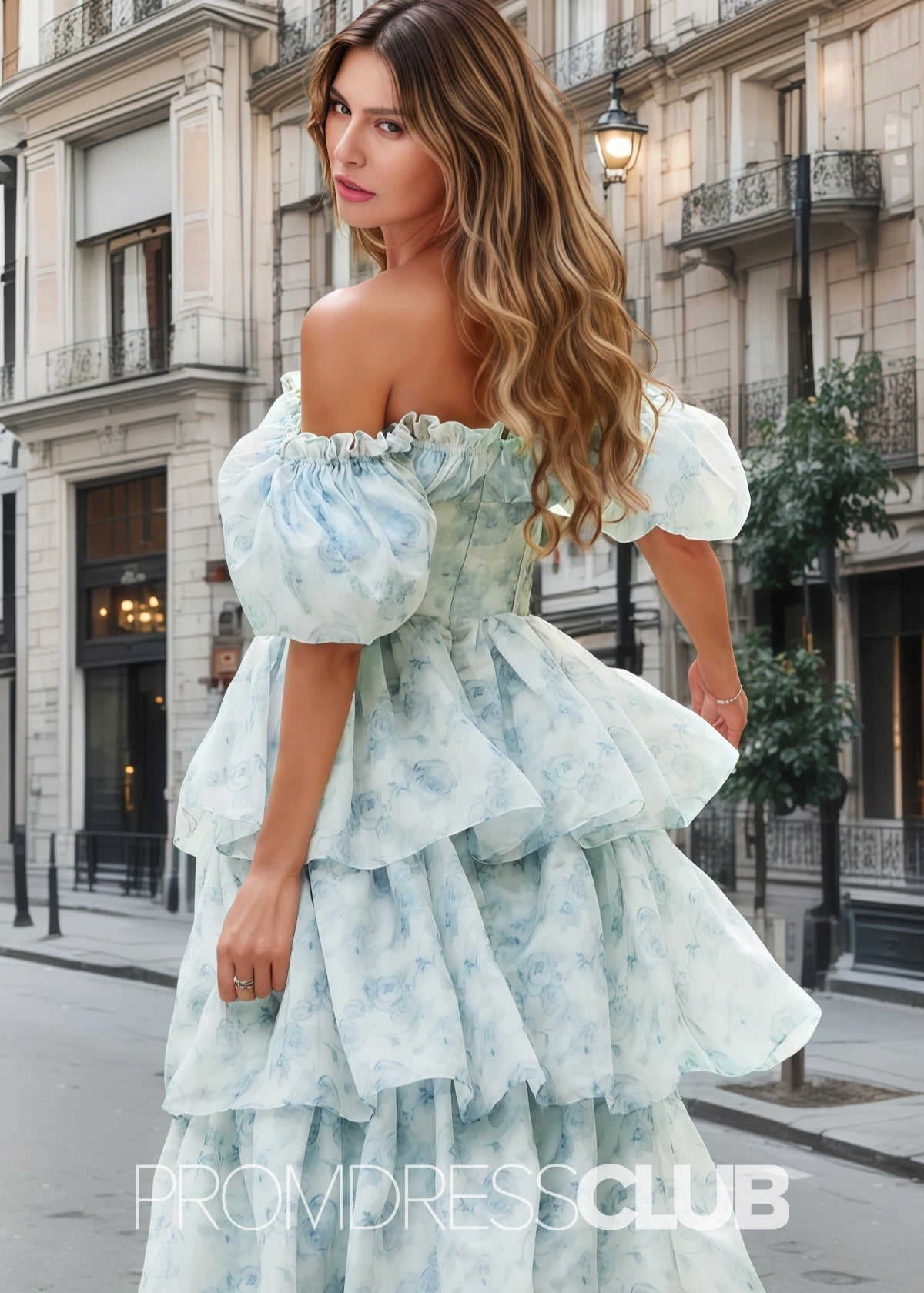 Jacqueline | Tiered Corset Light Blue Floral Long Formal Dress with Ruffles - Price #price_variant_lowest# - Light Blue Floral - PromDressClub