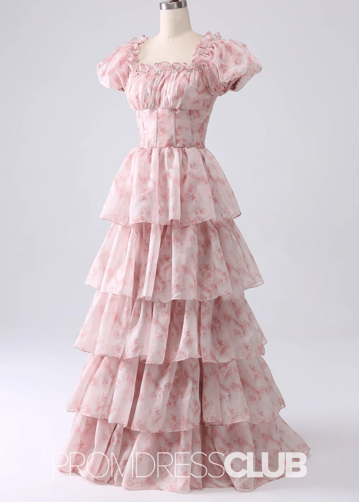 Jacqueline | Tiered Corset Light Blue Floral Long Formal Dress with Ruffles - Price #price_variant_lowest# - Pink Floral - PromDressClub