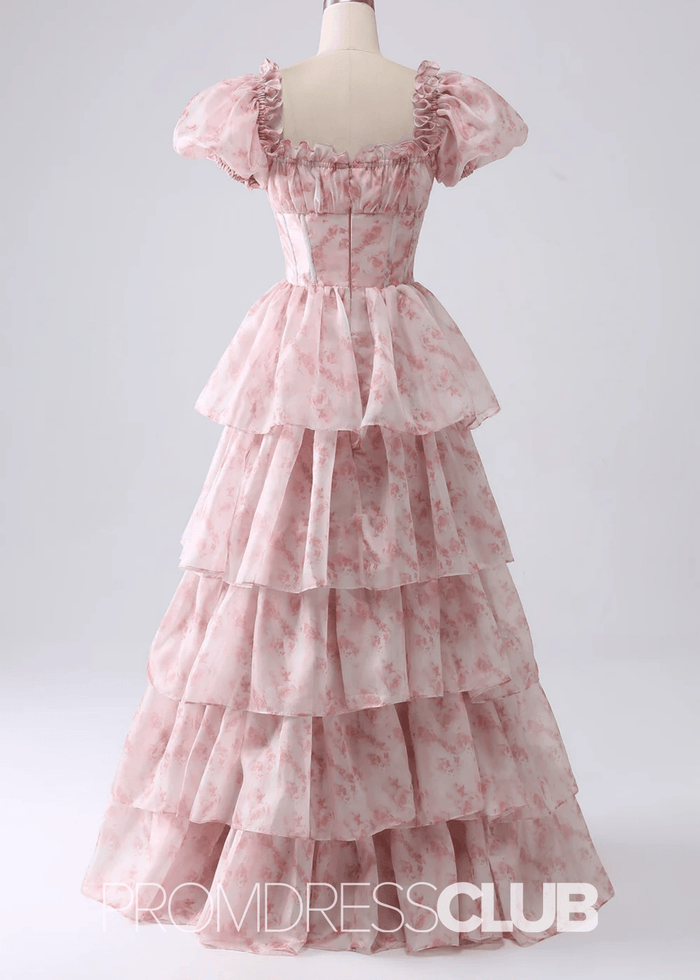 Jacqueline | Tiered Corset Light Blue Floral Long Formal Dress with Ruffles - Price #price_variant_lowest# - Pink Floral - PromDressClub