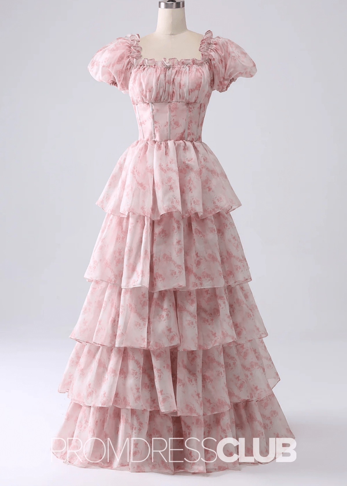 Jacqueline | Tiered Corset Light Blue Floral Long Formal Dress with Ruffles - Price #price_variant_lowest# - Pink Floral - PromDressClub