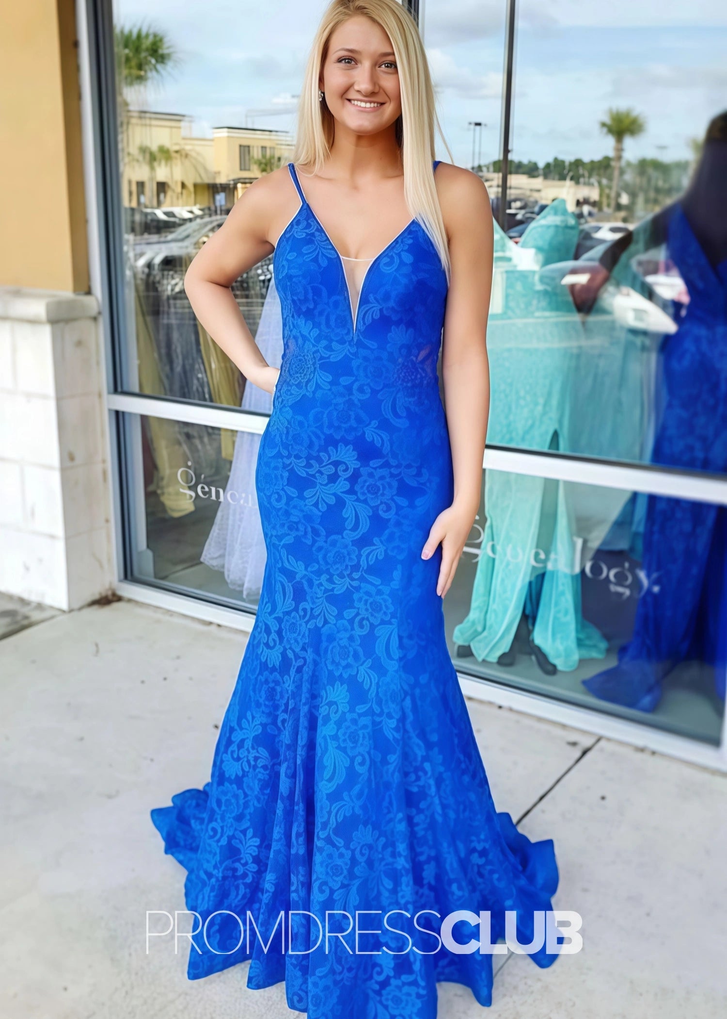 Jamie |Hot Pink Long Prom Dresses Near Me With Mermaid Strapless Trumpet Lace Open Back - Price #price_variant_lowest# - Blue - PromDressClub