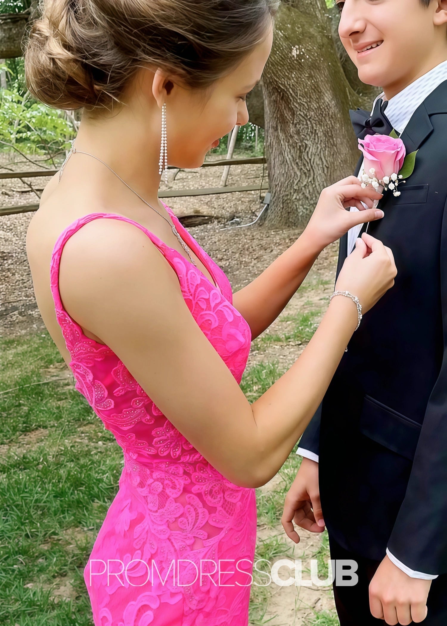 Jamie |Hot Pink Long Prom Dresses Near Me With Mermaid Strapless Trumpet Lace Open Back - Price #price_variant_lowest# - Hot Pink - PromDressClub