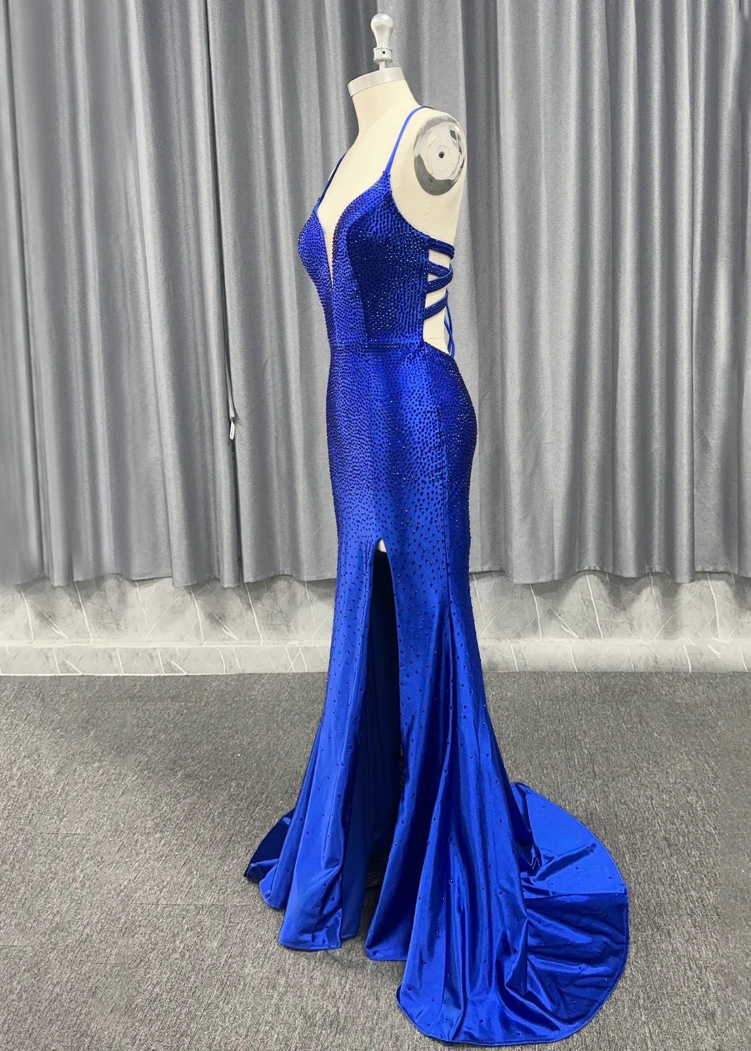 Jamie | Mermaid Royal Blue V Neck Spaghetti Strap Beaded Formal Dress with Slit - Royal Blue - PromDressClub