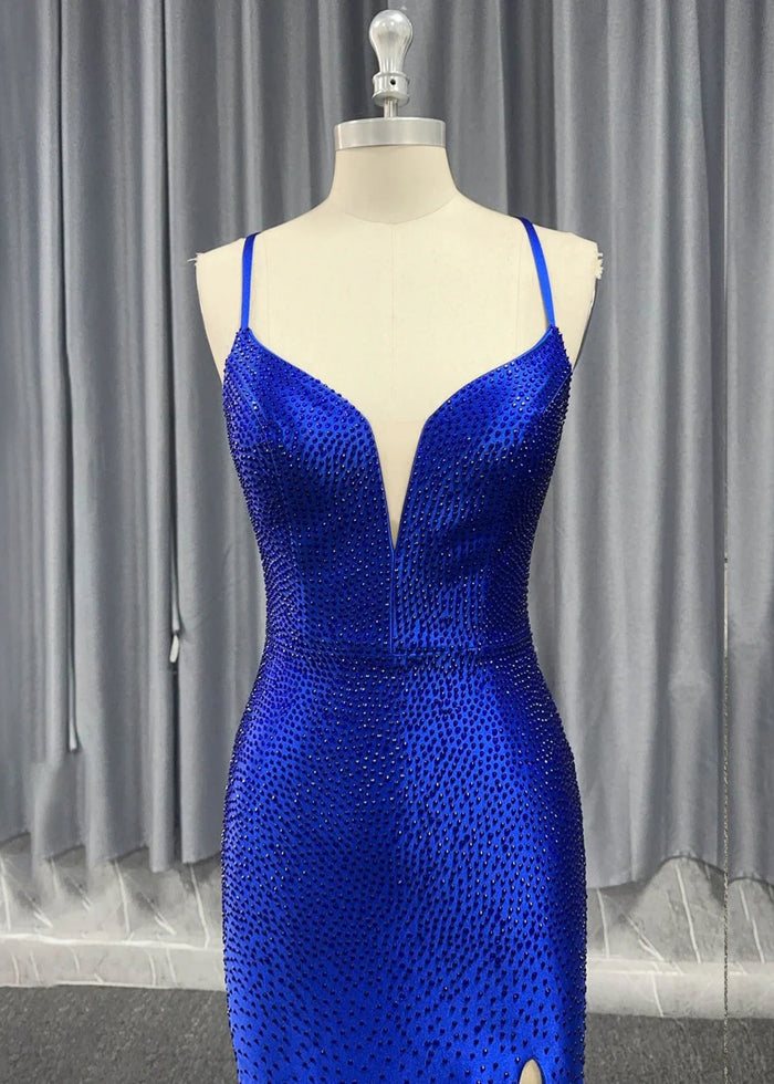 Jamie | Mermaid Royal Blue V Neck Spaghetti Strap Beaded Formal Dress with Slit - Royal Blue - PromDressClub