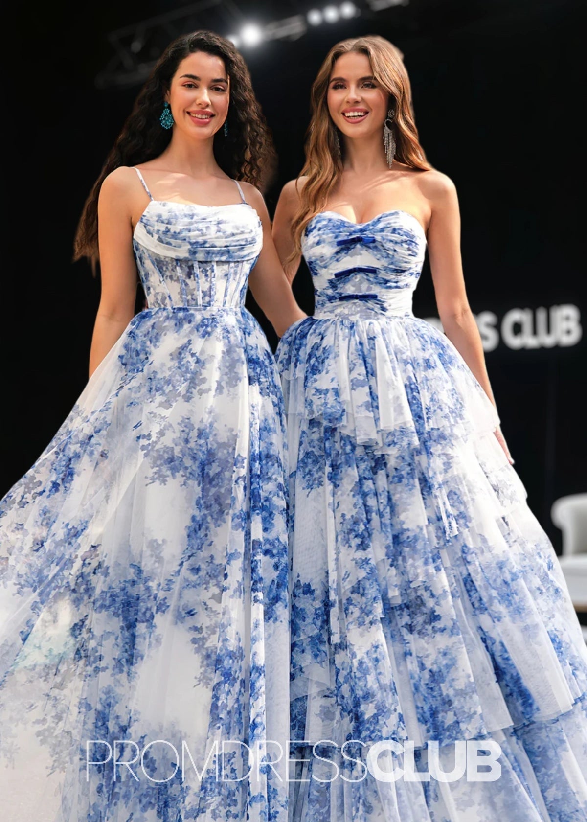 Jamie | Strapless Tiered White Blue Flower Long Prom Dress - Price #price_variant_lowest# - Blue Floral - PromDressClub