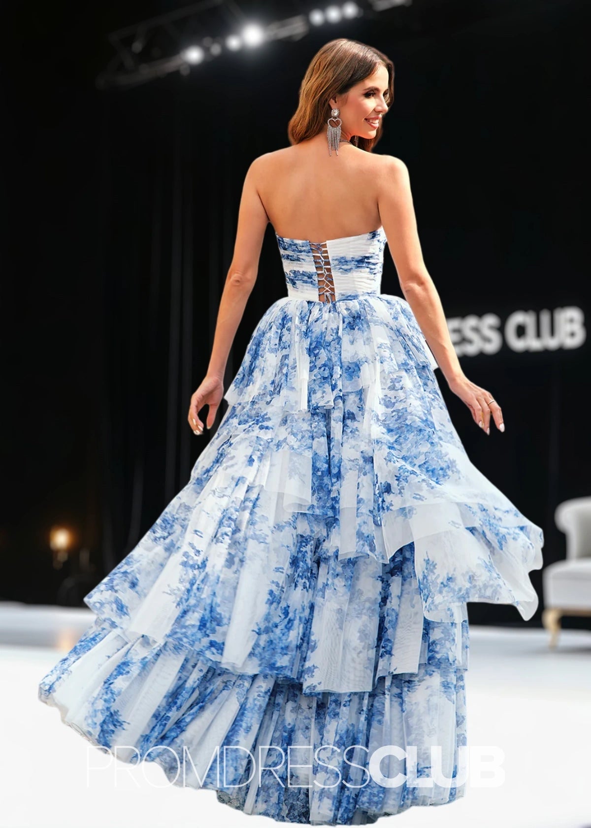 Jamie | Strapless Tiered White Blue Flower Long Prom Dress - Price #price_variant_lowest# - Blue Floral - PromDressClub
