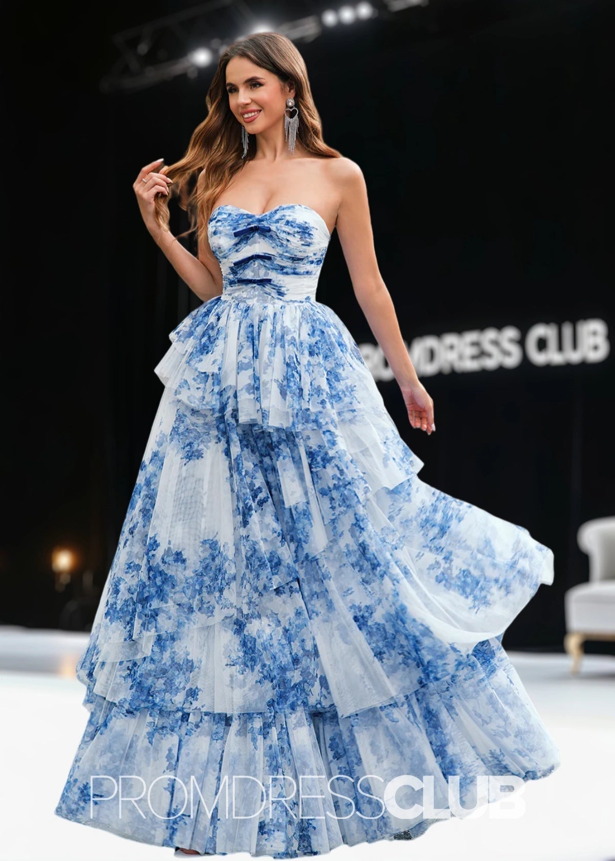 Jamie | Strapless Tiered White Blue Flower Long Prom Dress - Price #price_variant_lowest# - Blue Floral - PromDressClub