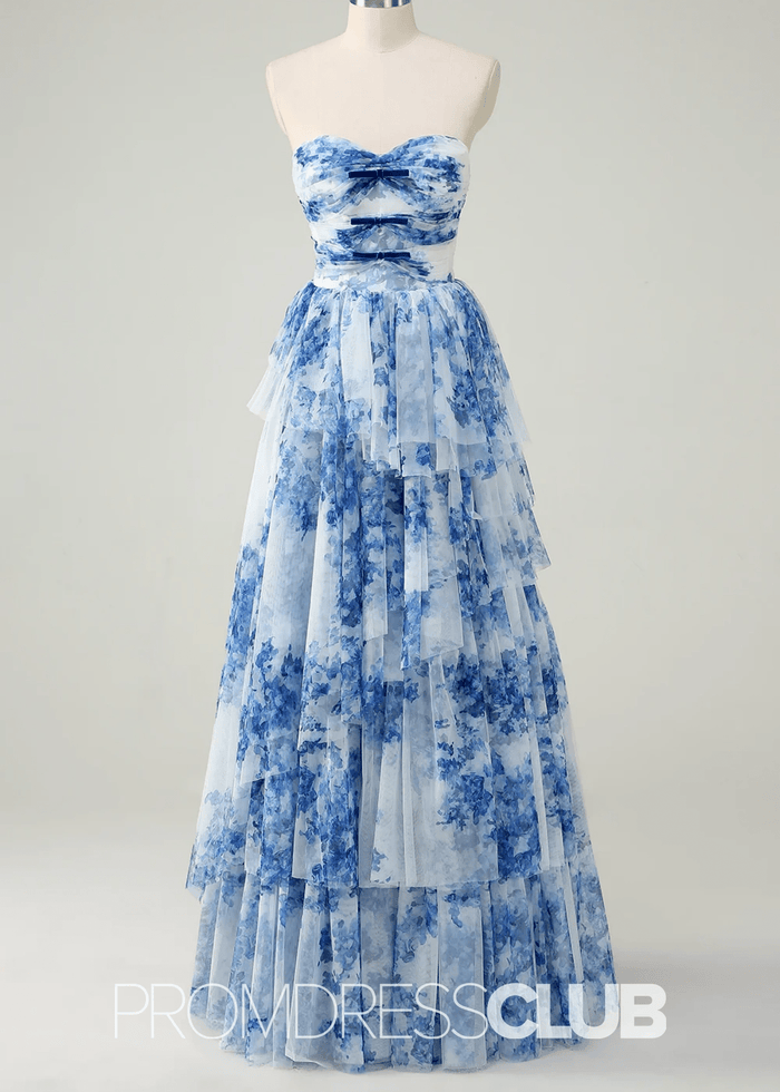 Jamie | Strapless Tiered White Blue Flower Long Prom Dress - Price #price_variant_lowest# - Blue Floral - PromDressClub