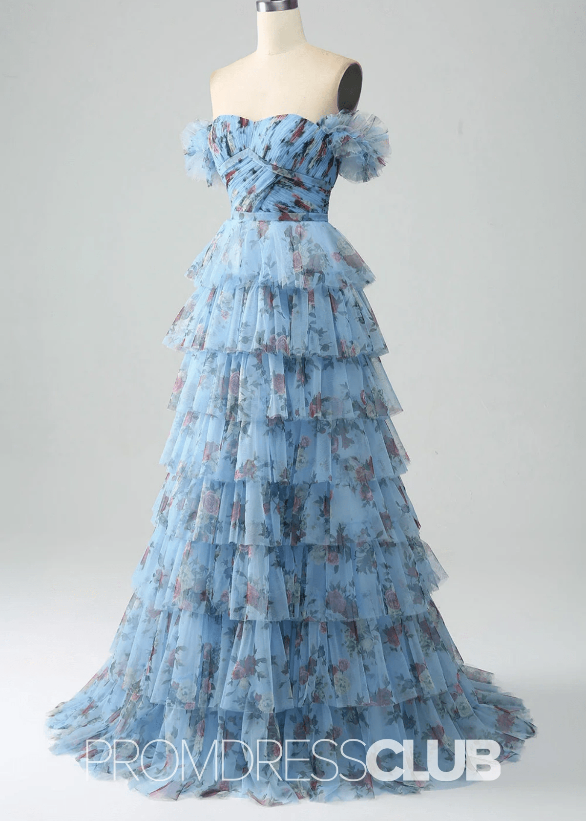 Jane | A Line Lavender Floral Long Prom Dress with Ruffles - Price #price_variant_lowest# - Blue Floral - PromDressClub