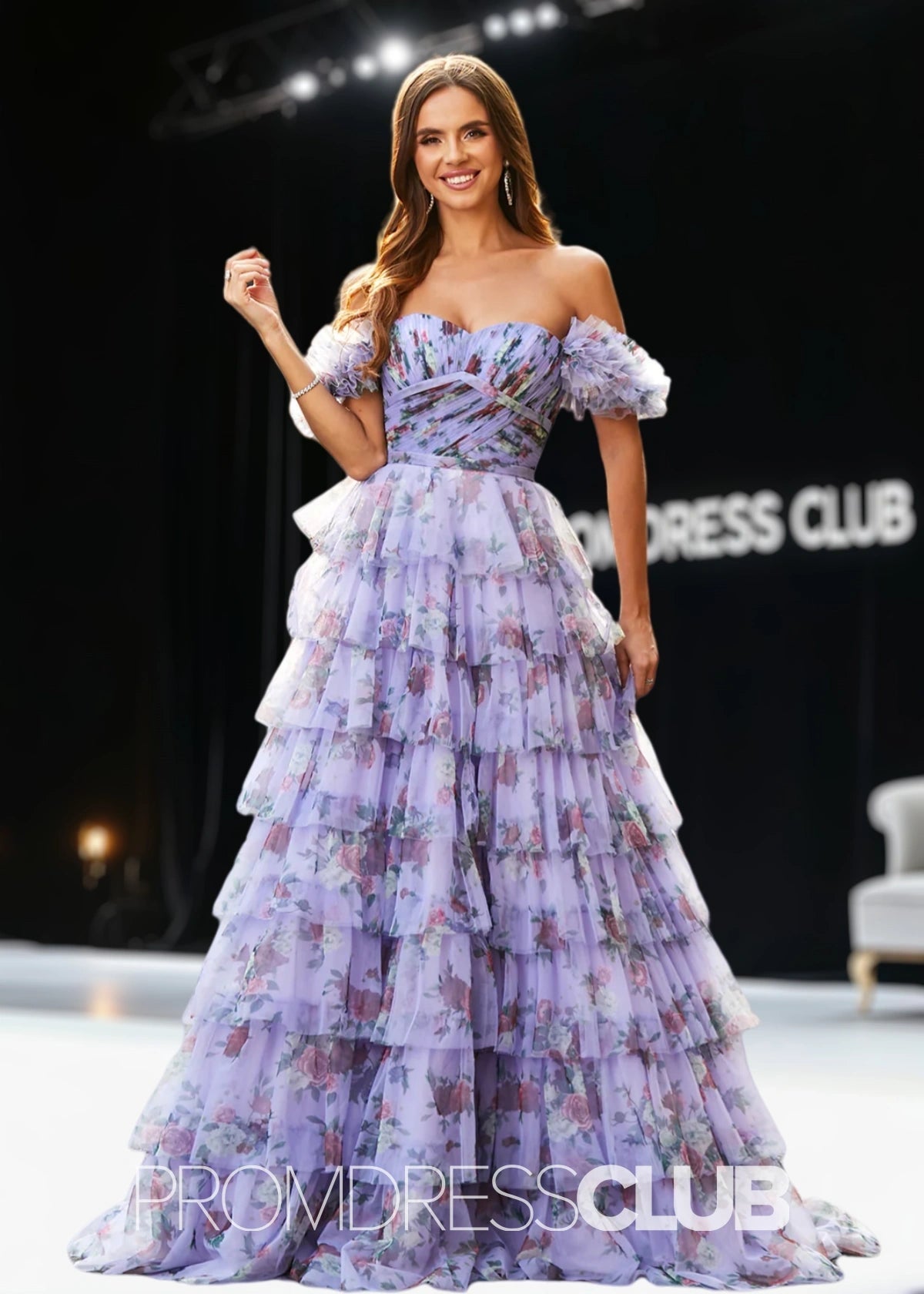 Jane | A Line Lavender Floral Long Prom Dress with Ruffles - Price #price_variant_lowest# - Lavender Floral - PromDressClub