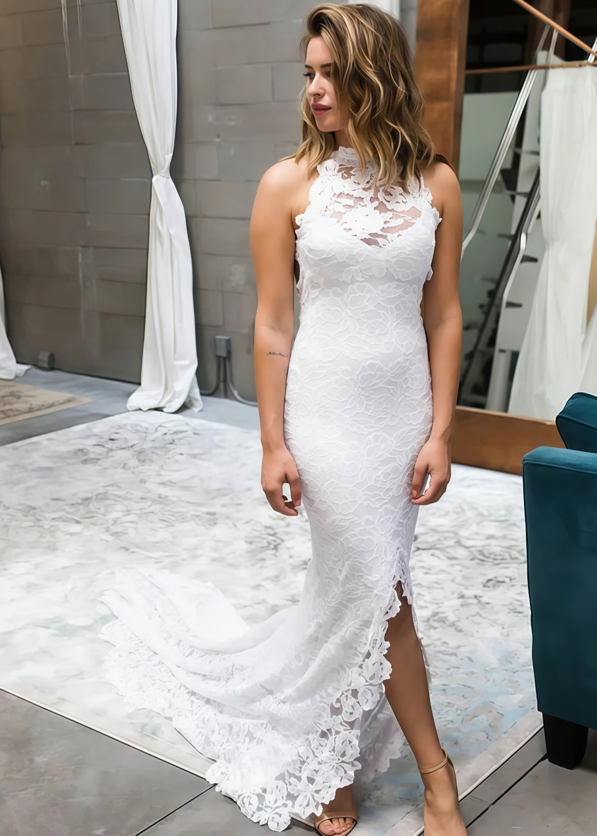 Jane | Mermaid Halter Neck Lace Backless High Low Hem Wedding Dress - Price #price_variant_lowest# - White - PromDressClub