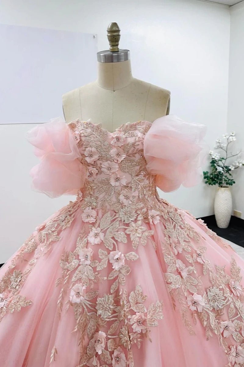 Janet | Dreamy Pink Quince Dresses with Floral Sleeve Elegance - Light Pink - PromDressClub