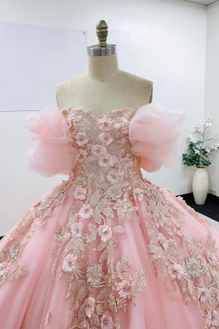 Janet | Dreamy Pink Quince Dresses with Floral Sleeve Elegance - Light Pink - PromDressClub
